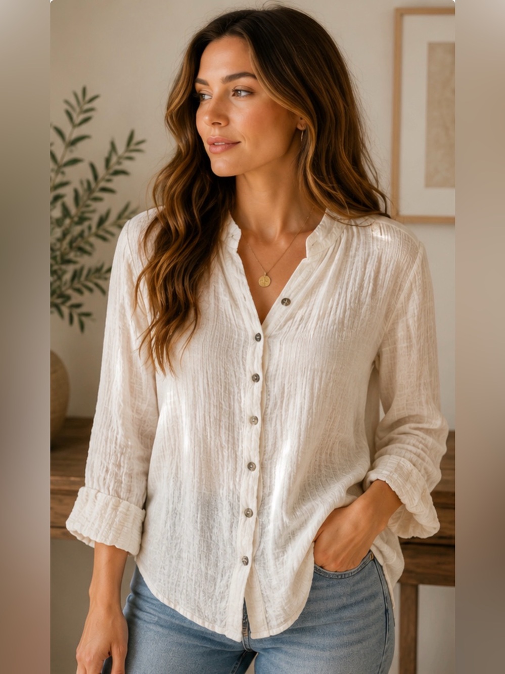 French Laundry White Crinkle Gauze Button Up Blouse Coastal Boho Lightweight Top
